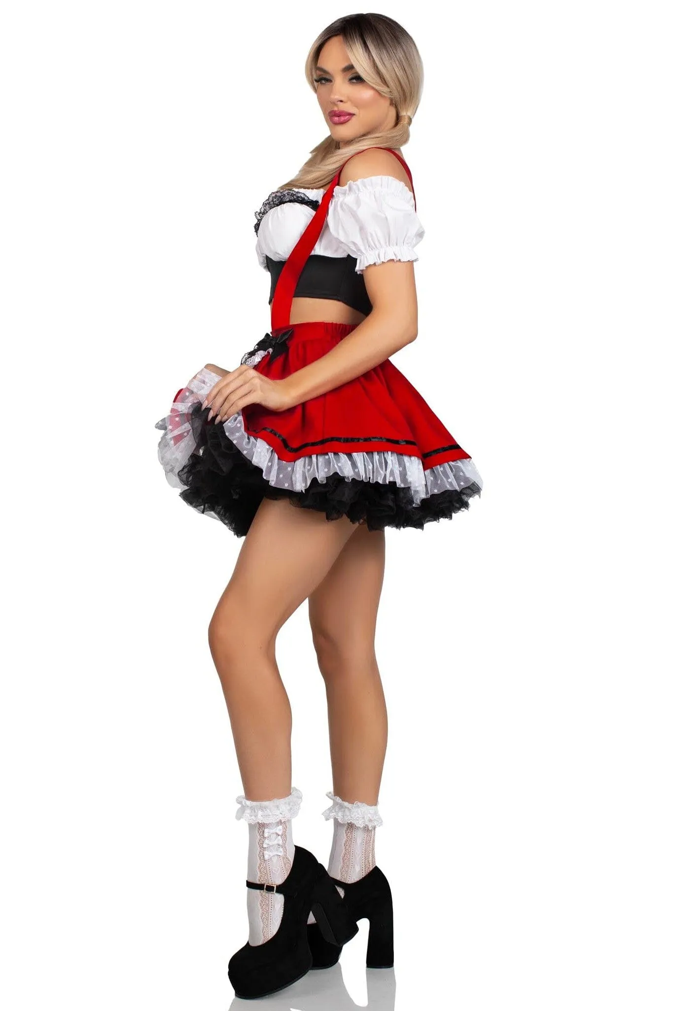 2 Piece Beerfest Babe Lace Trim Crop Top. Suspender Skirt Costume Set