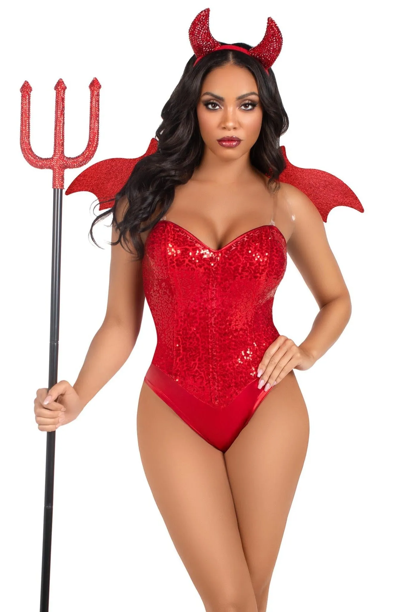 2 Piece Devil Kit. Includes Rhinestone Devil Wings And Horn Headband
