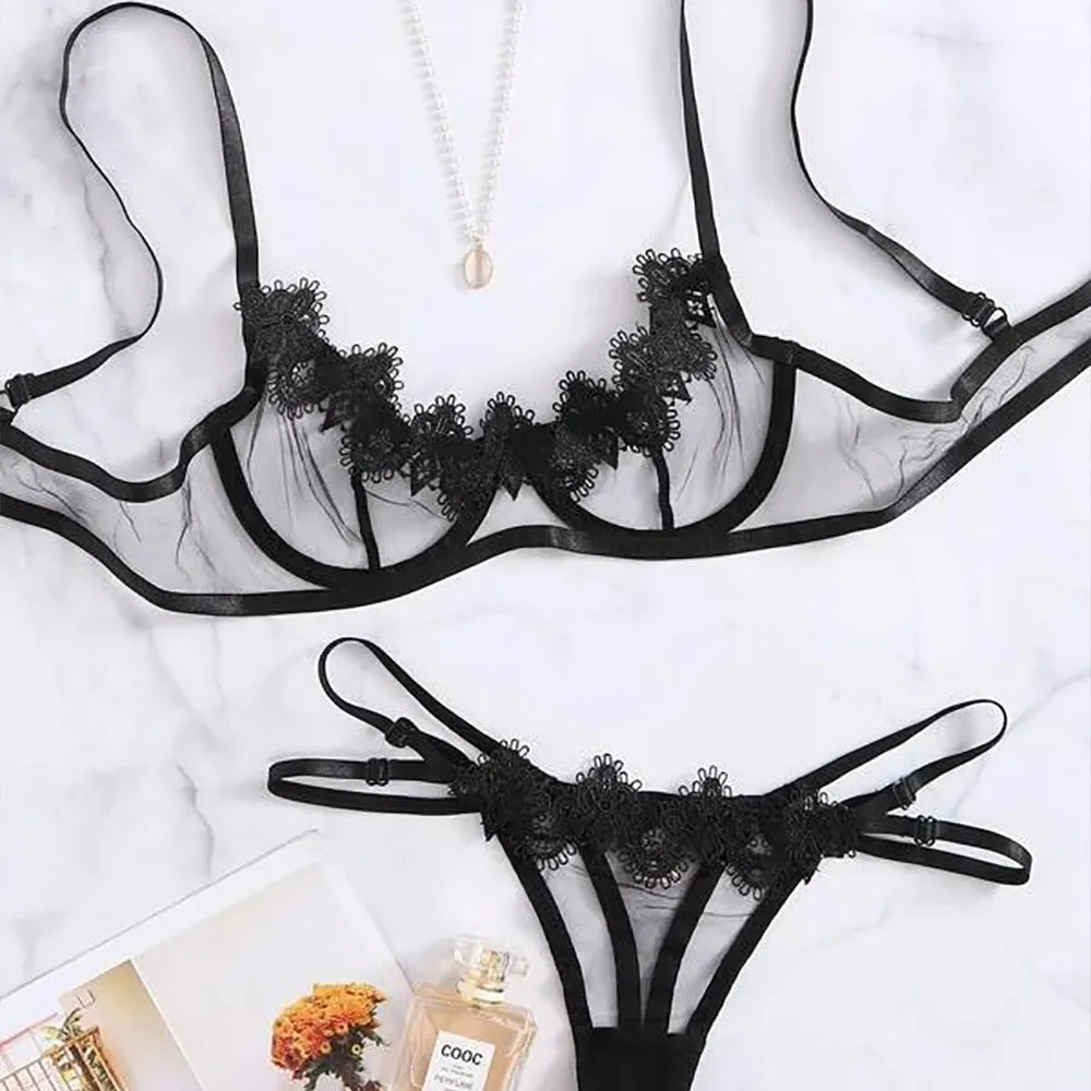 Appliques Lace Bra Set 2 Piece Sheer Mesh Bra and Strappy Sides Panty
