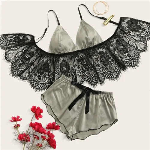 COLROVIE Grey Eyelash Floral Lace Satin Lingerie Set Women Longline Triangle Intimates 2019 Bra And Shortie Ladies Sexy Sets