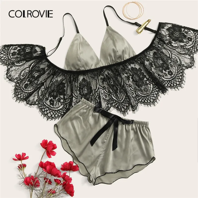 COLROVIE Grey Eyelash Floral Lace Satin Lingerie Set Women Longline Triangle Intimates 2019 Bra And Shortie Ladies Sexy Sets