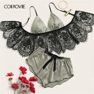COLROVIE Grey Eyelash Floral Lace Satin Lingerie Set Women Longline Triangle Intimates 2019 Bra And Shortie Ladies Sexy Sets