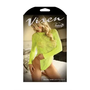 Fantasy Lingerie Vixen Electric Love Long Sleeve Lace Bodysuit Neon Yellow O/S