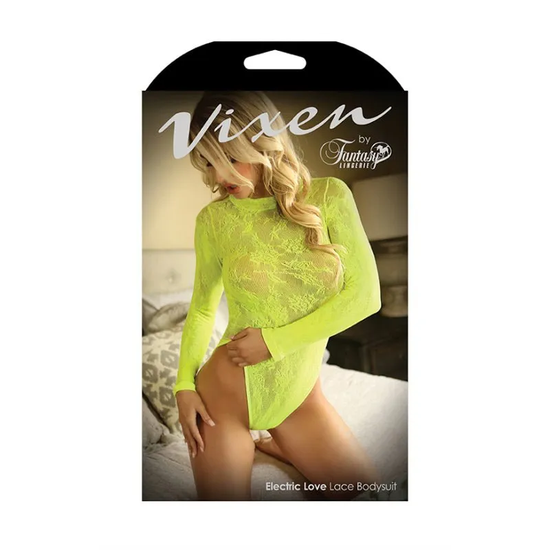 Fantasy Lingerie Vixen Electric Love Long Sleeve Lace Bodysuit Neon Yellow O/S