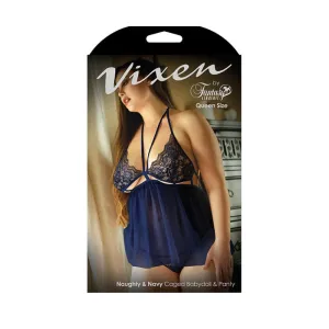 Fantasy Lingerie Vixen Naughty & Navy Caged Babydoll & Panty Navy L/XL