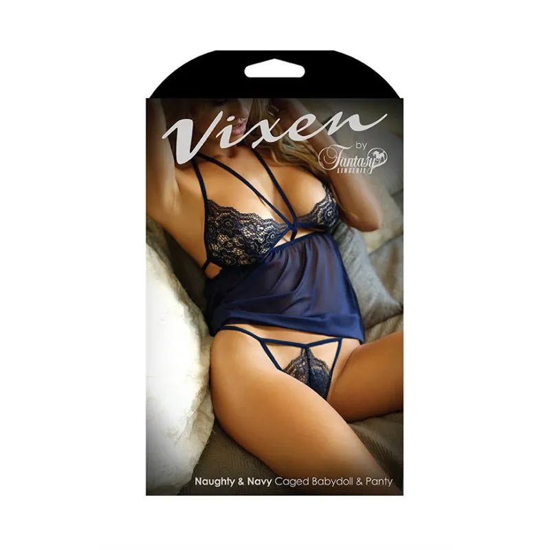 Fantasy Lingerie Vixen Naughty & Navy Caged Babydoll & Panty Navy O/S