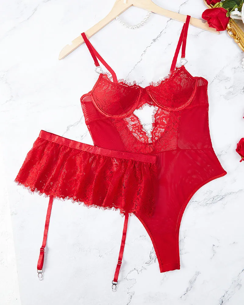 Lace Hollow Out Bodysuit Mini Skirt with Garter