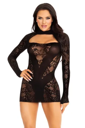 Lace Keyhole Mini Dress. Opaque Panel And Gloved Sleeves