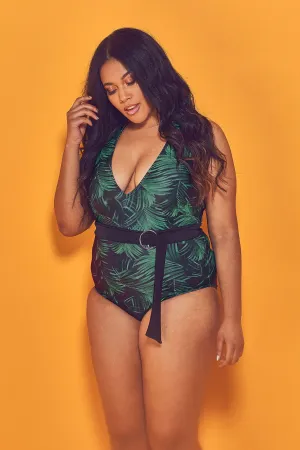 Palm Plunge Belted Swimsuit Curve