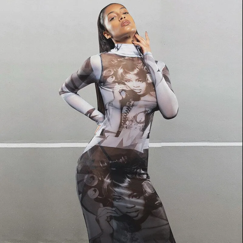 #PB Print Mesh See Through Maxi Dress