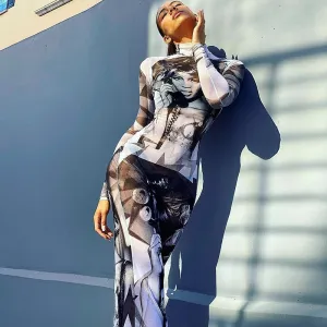 #PB Print Mesh See Through Maxi Dress