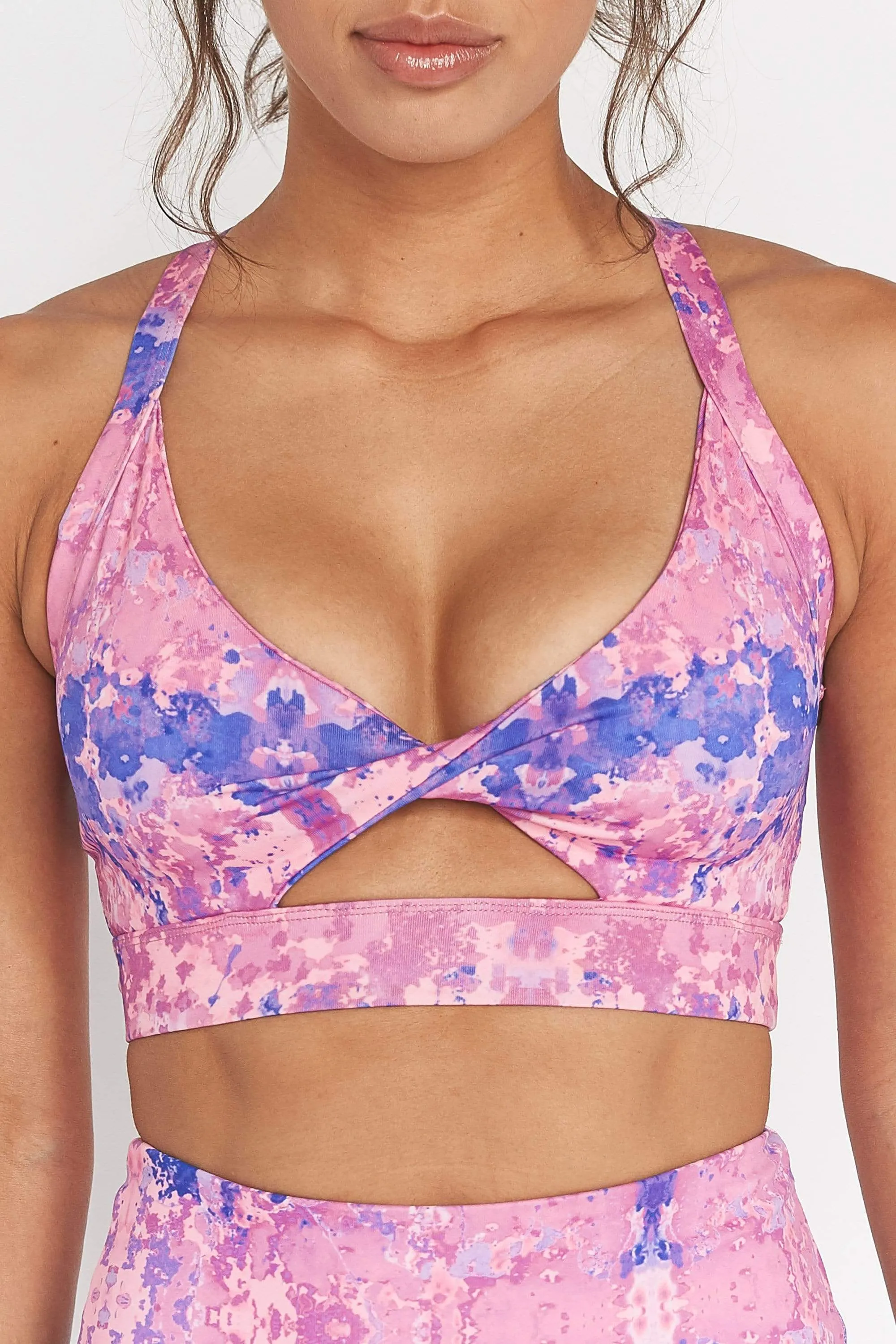 Pink Marble Twist Front Sports Bra