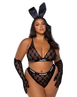 Playboy Flocked Bunny Bralette Bra Set Black Mesh Logo Plus Size