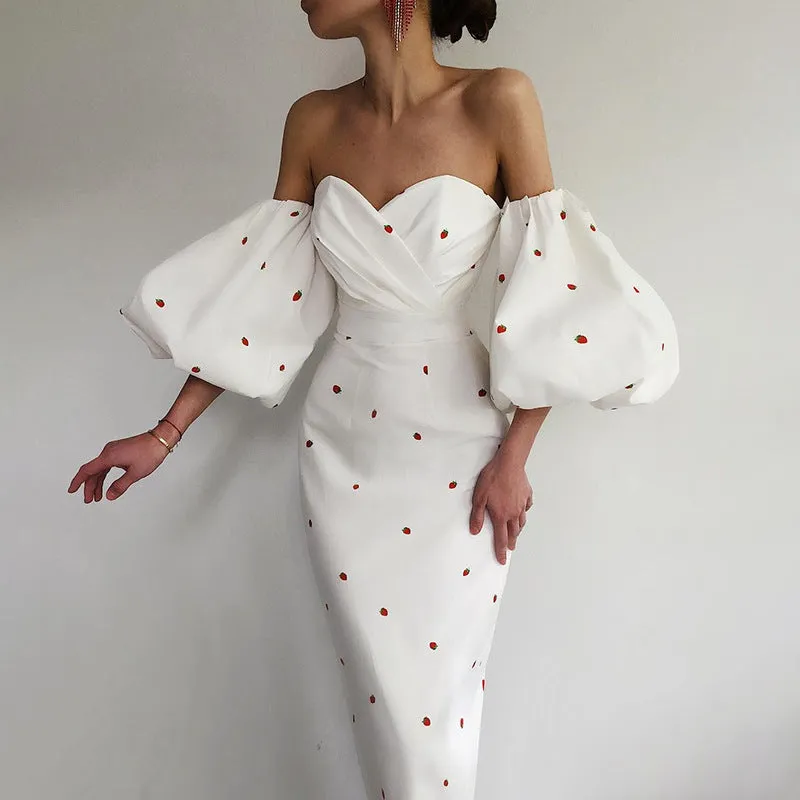 Printed Lantern Sleeve Off-shoulder High Waist Midi Dress Women