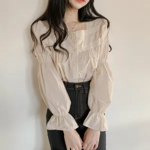 Retro Niche Light Familiar Style Square Collar Lace Long-sleeved Shirt