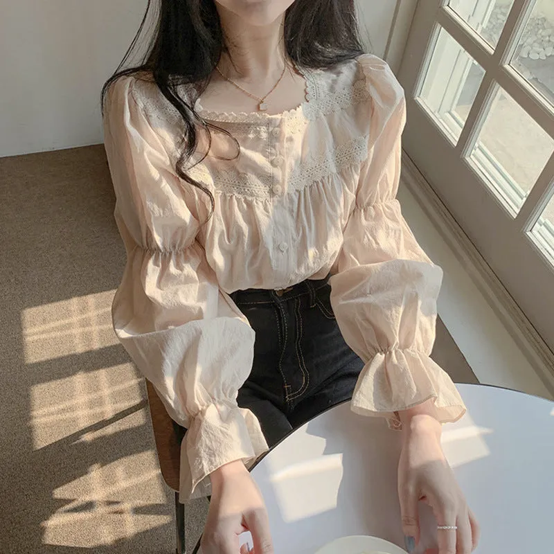Retro Niche Light Familiar Style Square Collar Lace Long-sleeved Shirt