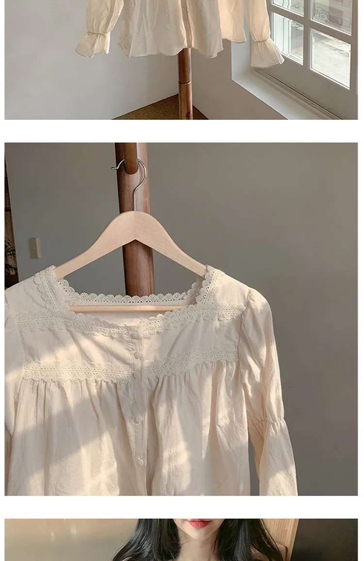 Retro Niche Light Familiar Style Square Collar Lace Long-sleeved Shirt