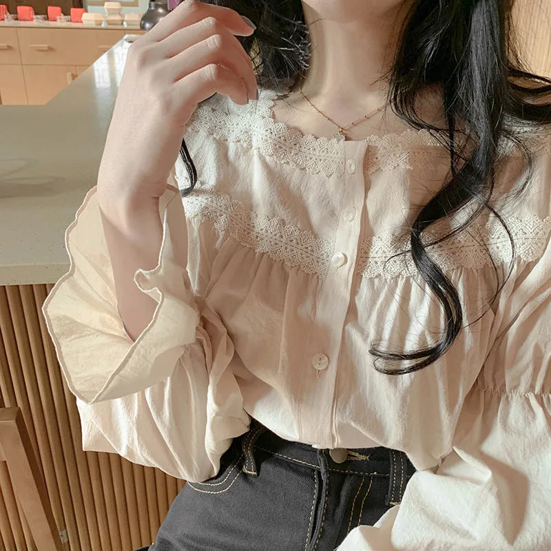 Retro Niche Light Familiar Style Square Collar Lace Long-sleeved Shirt