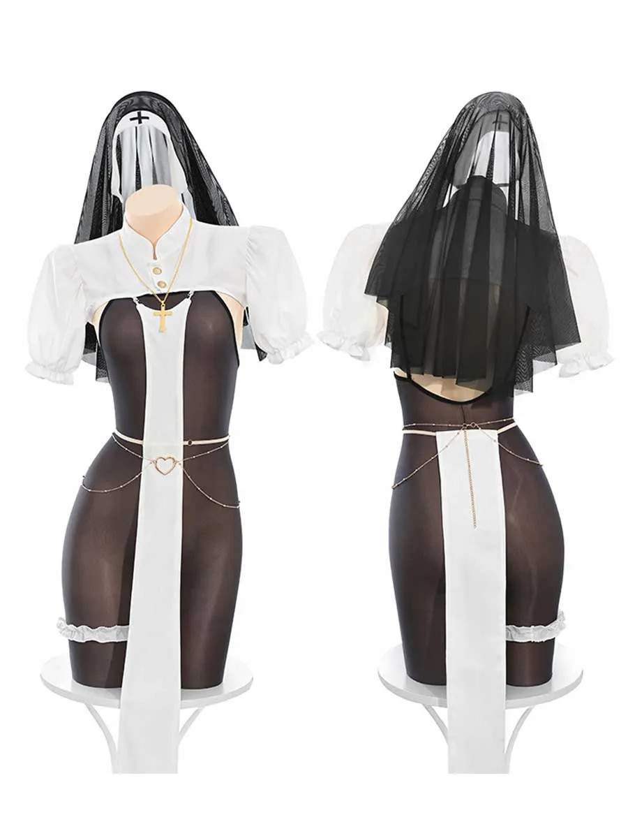 Sexy Nun Open Crotch Bodystocking Set