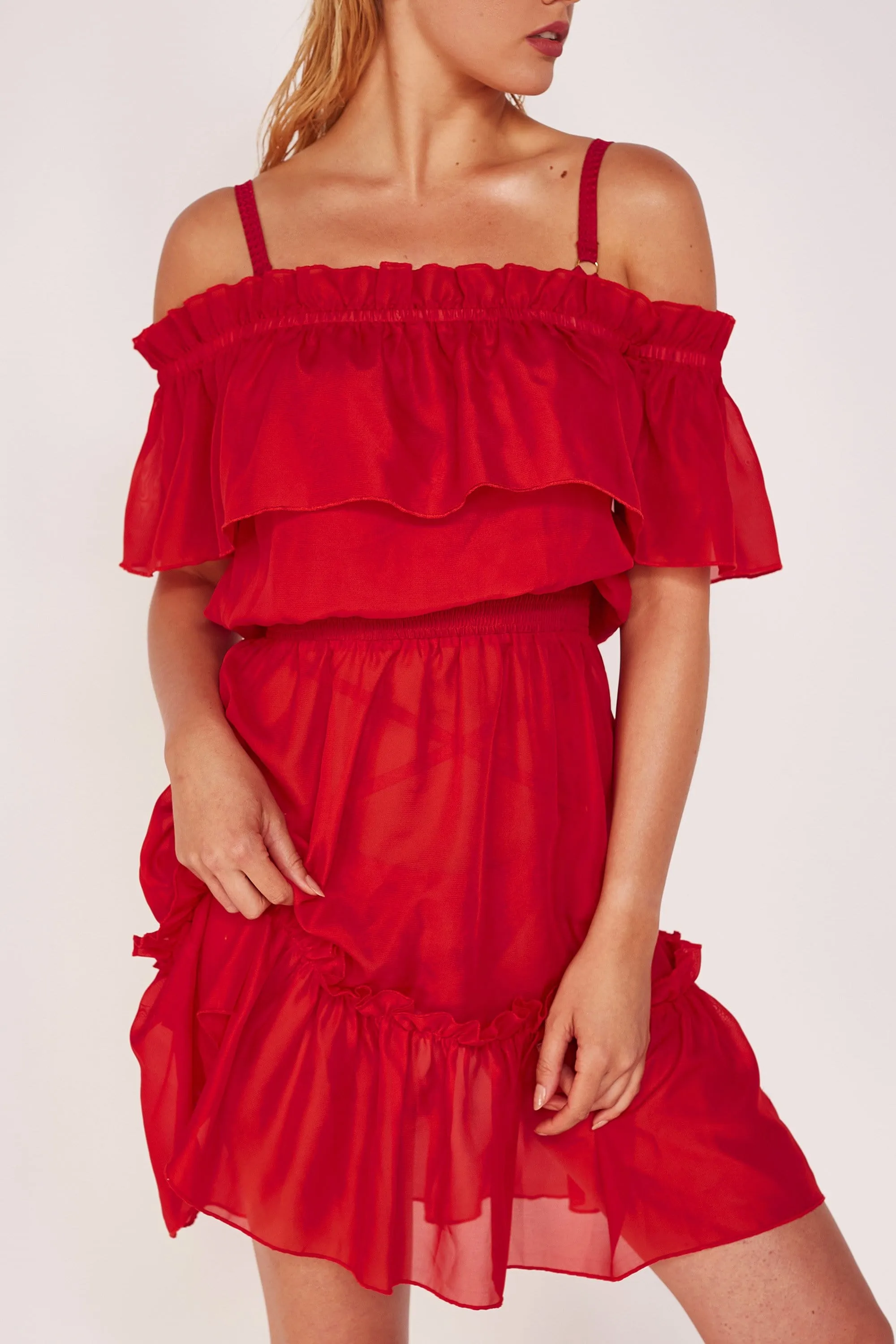 Wolf & Whistle Red Bardot Frill Beach Dress