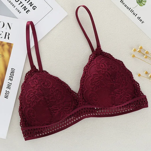 Women Bralette French Style Lace Bra Girls Triangle Cup Lingerie Deep V Wireless Underwear Soft Thin Seamless Bra