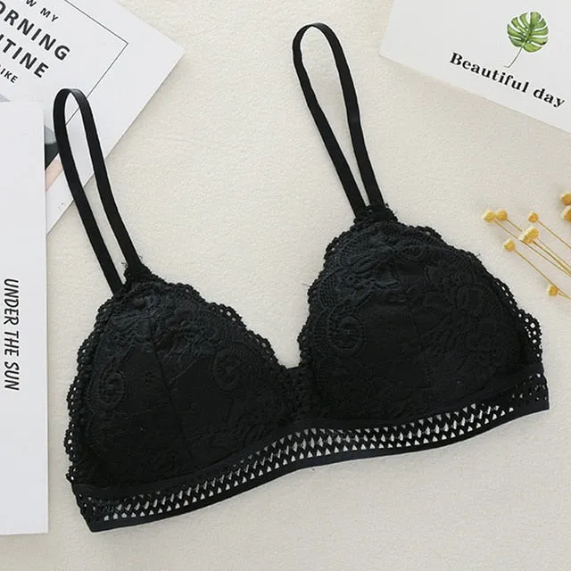 Women Bralette French Style Lace Bra Girls Triangle Cup Lingerie Deep V Wireless Underwear Soft Thin Seamless Bra