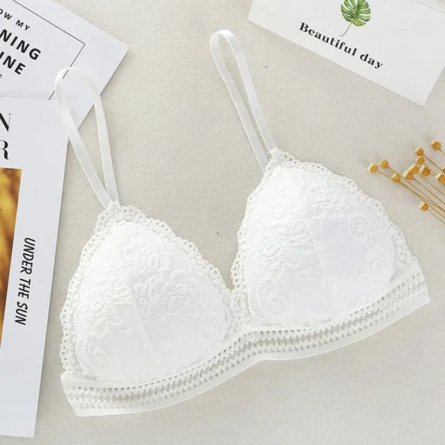 Women Bralette French Style Lace Bra Girls Triangle Cup Lingerie Deep V Wireless Underwear Soft Thin Seamless Bra